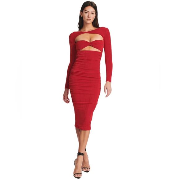 NWT SER•O•YA Red‎ Eden Dress Bodycon Midi Long Sleeve Size XXSmall - Picture 1 of 12